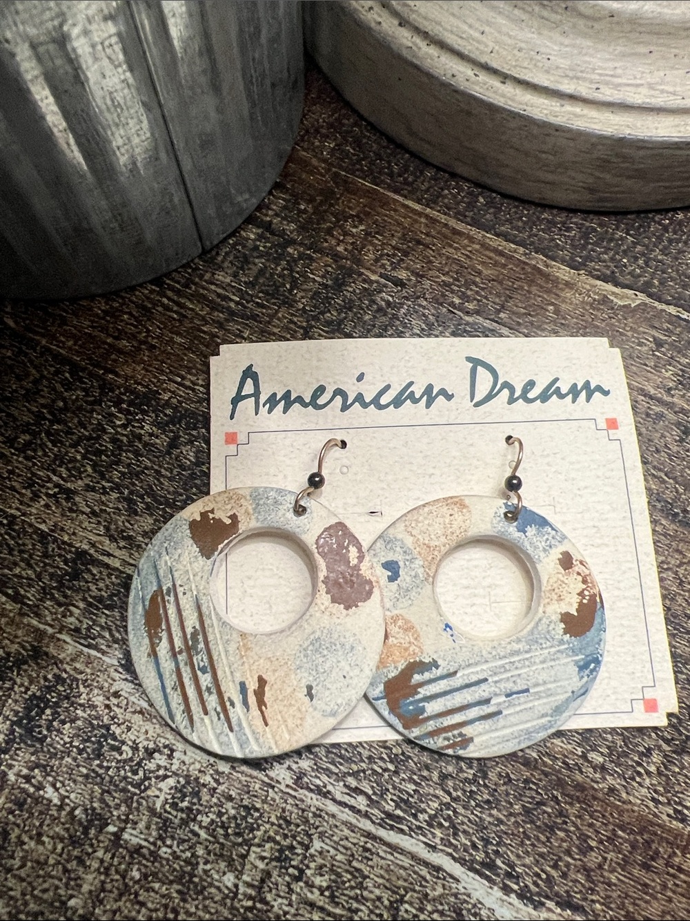American Dream Round Cutout Earrings in Cream, Blue & Brown